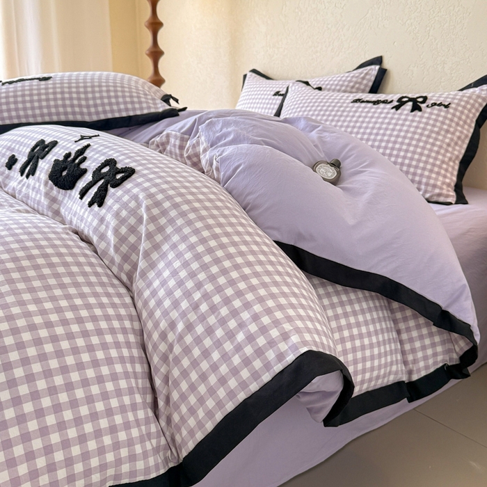 91家纺网 家纺一手货源 找家纺 米可2025新款水洗棉绣花花边款四件套 蝴蝶结-紫