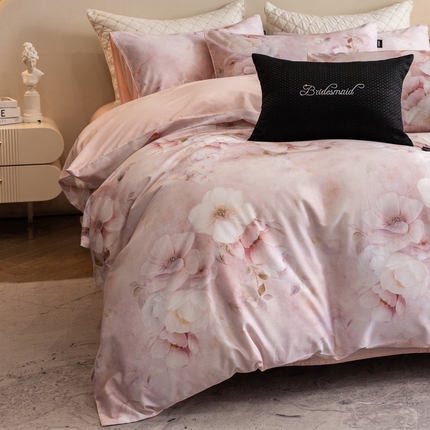 佳汐蓝家纺 2025新款春夏100贡缎长绒棉数码印花四件套 花柔-紫