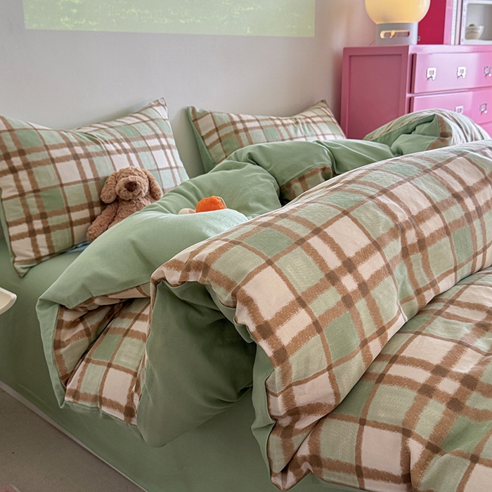 91家纺网 家纺一手货源 找家纺 2025新款全棉有氧双层纱四件套-简约系列 格调-绿