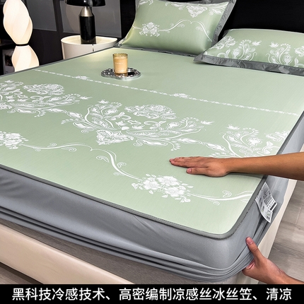 91家纺网 家纺一手货源 找家纺 孩子王家纺 2025新款轻柔丝凉席冰丝席-晓春烂漫系列 床笠款-晓春烂漫-苹果绿