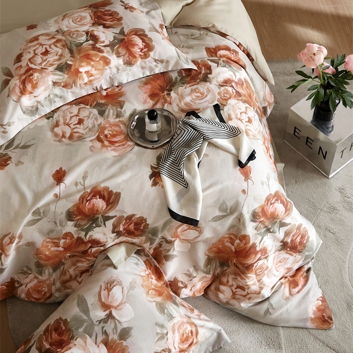 91家纺网 家纺一手货源 找家纺 金奇达2025新款【艺术花卉】-茧养莱赛尔四件套（标准号全网控价（折后券后）不低于228元） 妮缇-咖