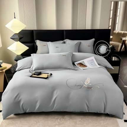 曲之慕 2025新品四季款高端刺绣四件套简约可水洗轻奢纯色刺绣四件套 大麦都市灰