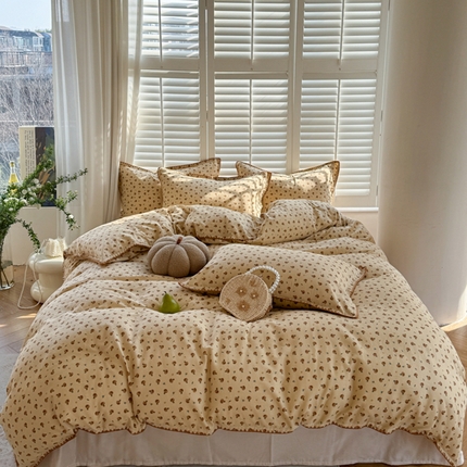 91家纺网 家纺一手货源 找家纺 （总）金丝鸟家纺 2025新款全棉双层纱贝壳边四件套花卉系列