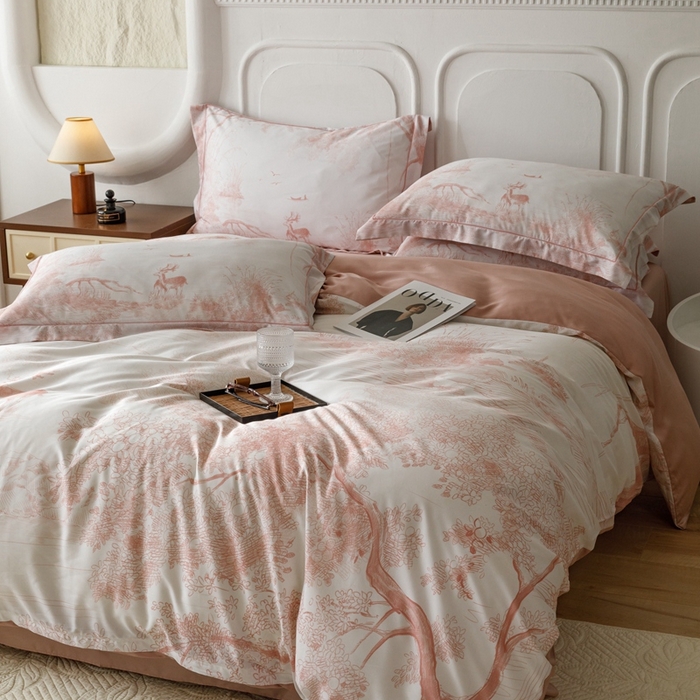 91家纺网 家纺一手货源 找家纺 金奇达2025新款【休闲午后】-轻氧水光莱赛尔四件套（标准号全网控价（折后券后）不低于258） 路易莎-粉