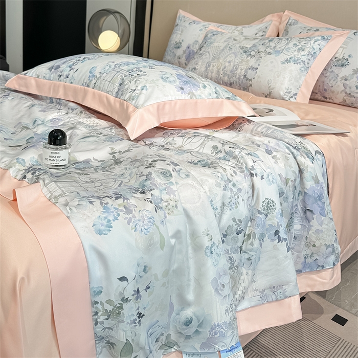 91家纺网 家纺一手货源 找家纺 笙意家纺 2025新款水洗冰丝数码印花拼角宽边夏被 素瑾