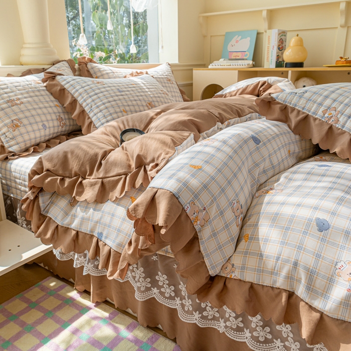 91家纺网 家纺一手货源 找家纺 珍爱家纺 2025新款A类针织棉双层纱夹棉床盖床裙花边单件三件四件套熊先生