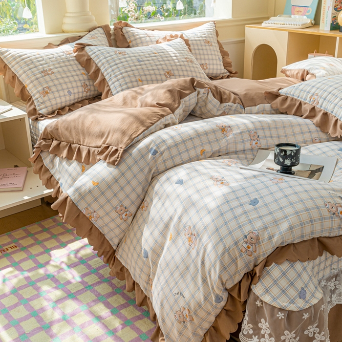 91家纺网 家纺一手货源 找家纺 珍爱家纺 2025新款A类针织棉双层纱夹棉床盖床裙花边单件三件四件套熊先生