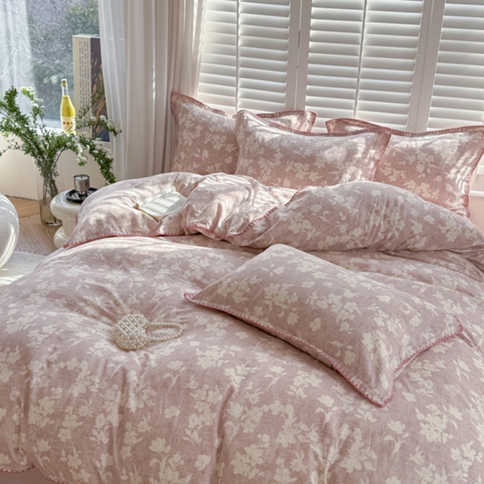 91家纺网 家纺一手货源 找家纺 金丝鸟家纺 2025新款全棉双层纱贝壳边四件套花卉系列 花影