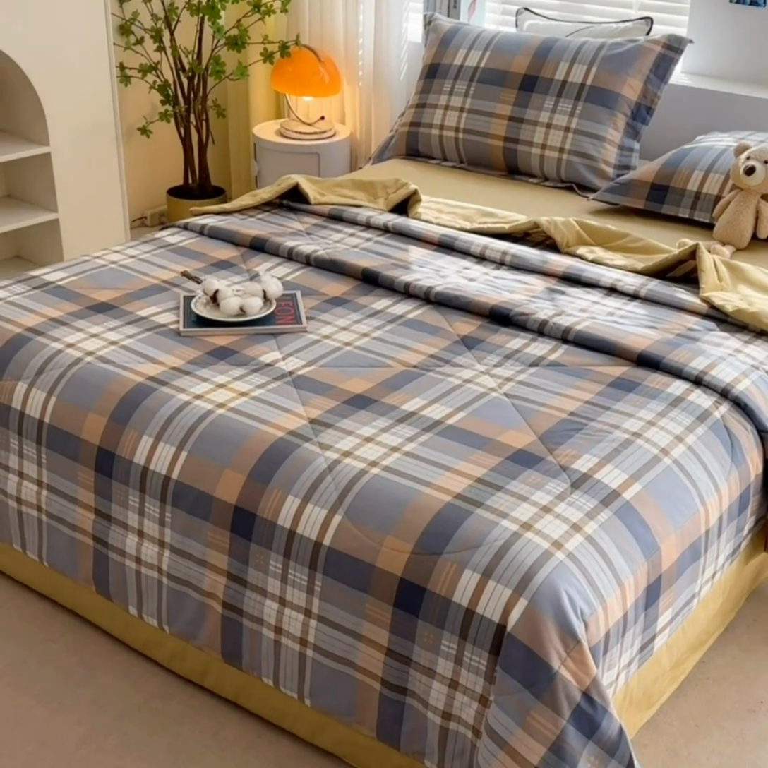 91家纺网 家纺一手货源 找家纺 欧夏家纺 2025新款里外全棉印花夏被100%新疆棉花 咖大格