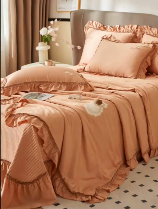 91家纺网 家纺一手货源 找家纺 恒爱家纺  2025新款莫代尔柔情似水多功能夏被床盖四件套			 			 爱玛橙