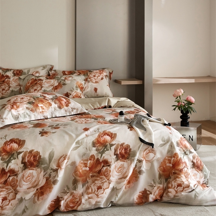 91家纺网 家纺一手货源 找家纺 金奇达2025新款【艺术花卉】-茧养莱赛尔四件套（标准号全网控价（折后券后）不低于228元） 妮缇-咖