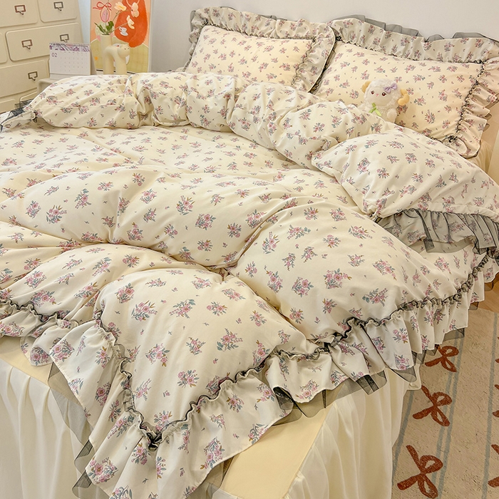 91家纺网 家纺一手货源 找家纺 眠帛家居 2025新款A类皱皱纱蕾丝花边四件套 芬芳