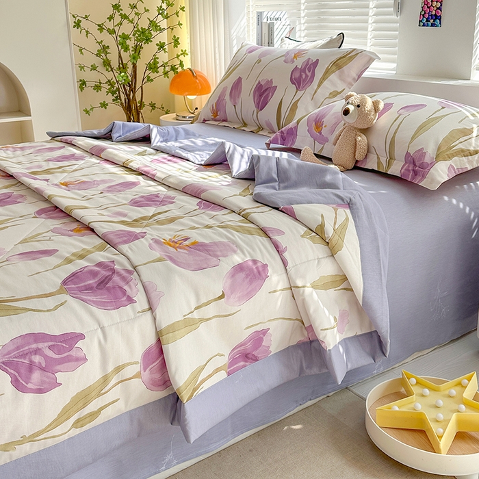 91家纺网 家纺一手货源 找家纺 欧夏家纺 2025新款里外全棉印花夏被100%新疆棉花 郁金香-紫