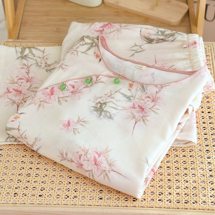 91家纺网 家纺一手货源 找家纺 洛兰沙家居馆【只代发】【只代发】 2025新款国风竹纤维鸟语花香春夏女睡衣大码长袖长裤自带凉感休闲套装 ls1309