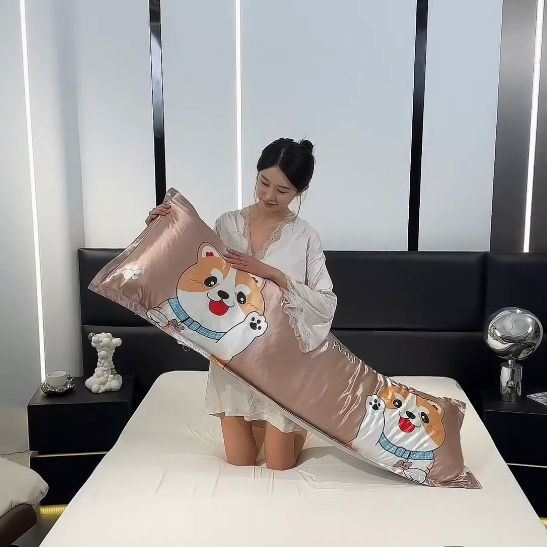 91家纺网 家纺一手货源 找家纺 梦舒羽 2025新款可水洗冰丝双人枕套凉爽情侣枕头套枕芯套 可爱汪