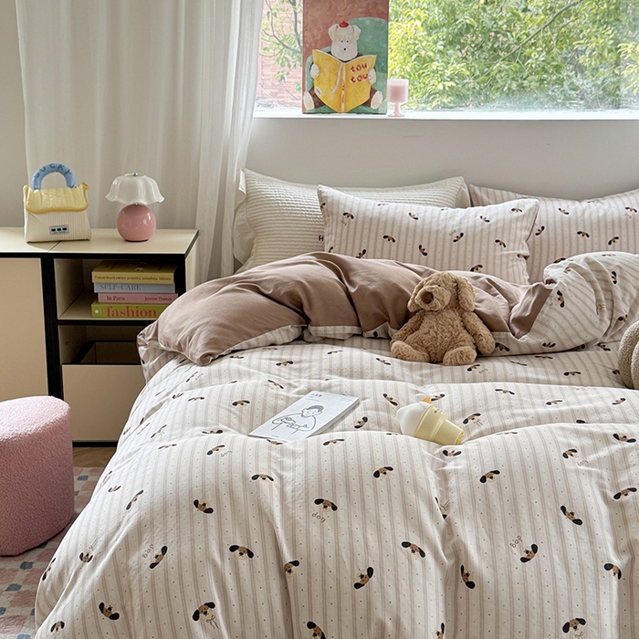 91家纺网 家纺一手货源 找家纺 2025新款全棉有氧双层纱四件套-卡通系列 条纹小狗