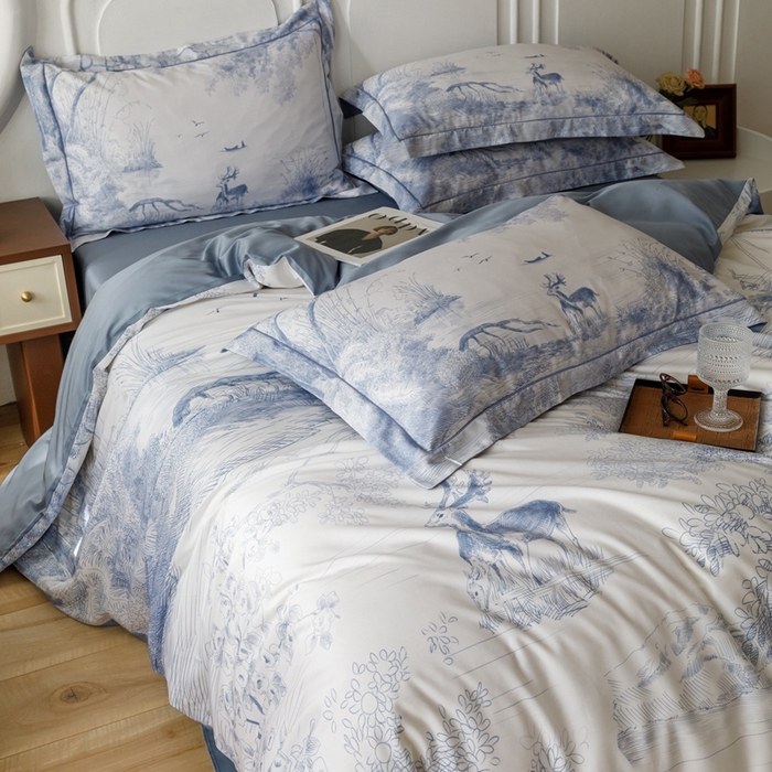 91家纺网 家纺一手货源 找家纺 金奇达2025新款【休闲午后】-轻氧水光莱赛尔四件套（标准号全网控价（折后券后）不低于258） 路易莎-蓝