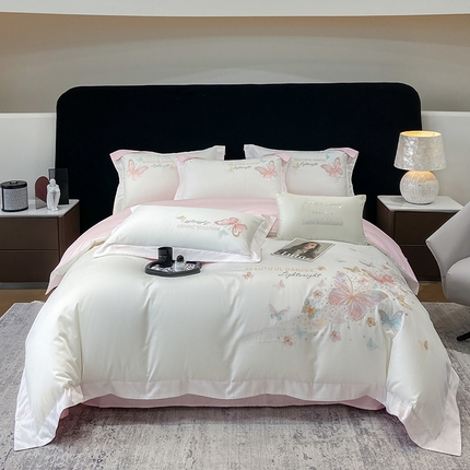 91家纺网 家纺一手货源 找家纺 丞音家纺 2025新款母婴级A类双面全棉蝴蝶刺绣纯棉长绒棉绣花四件套床单床笠 思微-白拼粉