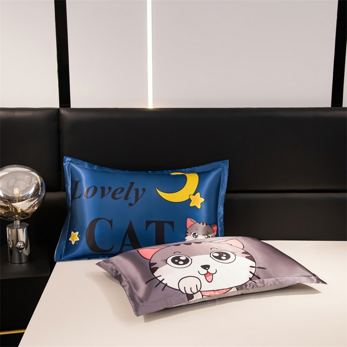 91家纺网 家纺一手货源 找家纺 梦舒羽 2025新款可水洗冰丝卡通枕套宿舍48x74cm单人凉爽枕头套 招财小猫