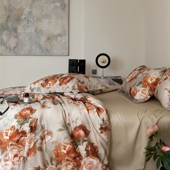 91家纺网 家纺一手货源 找家纺 金奇达2025新款【艺术花卉】-茧养莱赛尔四件套（标准号全网控价（折后券后）不低于228元） 妮缇-咖