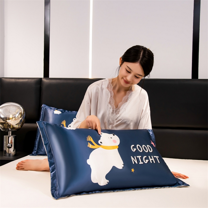 91家纺网 家纺一手货源 找家纺 梦舒羽 2025新款可水洗冰丝卡通枕套宿舍48x74cm单人凉爽枕头套 北极熊