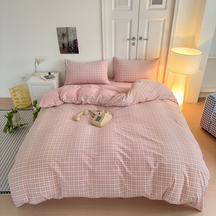 91家纺网 家纺一手货源 找家纺 玖弘家居 2025新款水洗棉单被套 简约格粉