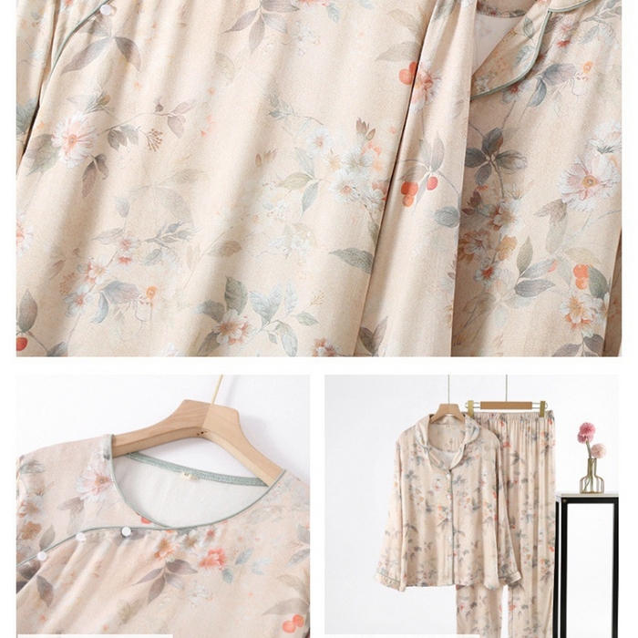 91家纺网 家纺一手货源 找家纺 洛兰沙家居馆【只代发】【只代发】 2025新款国风竹纤维鸟语花香春夏女睡衣大码长袖长裤自带凉感休闲套装 ls1304