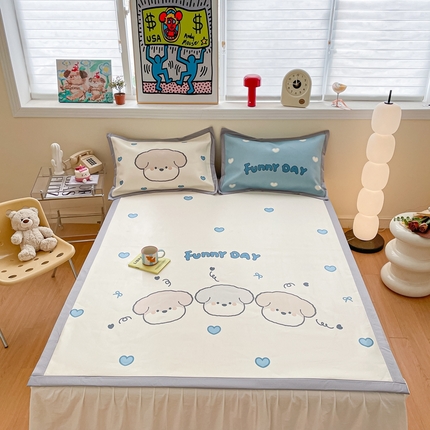 川悦生活 2025新款大版凉感冰丝席三件套 叮咚小狗仔