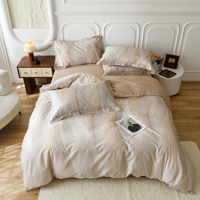 91家纺网 家纺一手货源 找家纺 金奇达2025新款【休闲午后】-轻氧水光莱赛尔四件套（标准号全网控价（折后券后）不低于258） 流金岁月