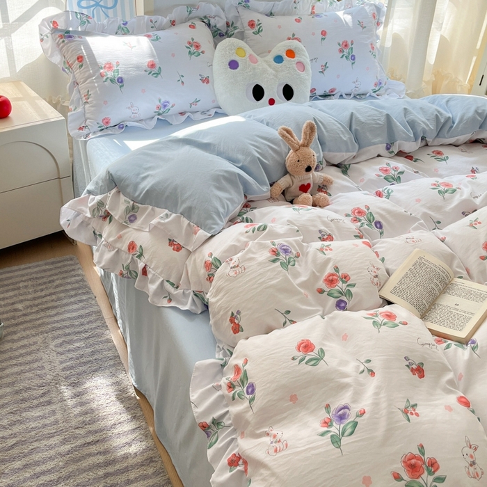 91家纺网 家纺一手货源 找家纺 雨帆家纺2025新款水洗棉印花四件套 兔兔花园