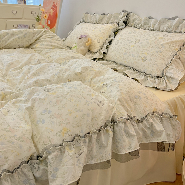 91家纺网 家纺一手货源 找家纺 眠帛家居 2025新款A类皱皱纱蕾丝花边四件套 温馨