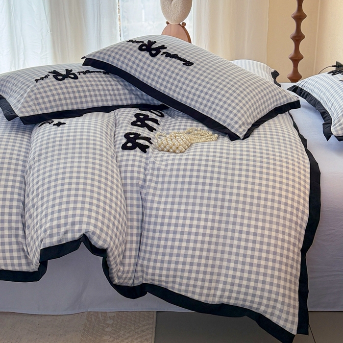 91家纺网 家纺一手货源 找家纺 米可2025新款水洗棉绣花花边款四件套 蝴蝶结-蓝