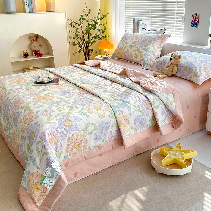 91家纺网 家纺一手货源 找家纺 欧夏家纺 2025新款里外全棉印花夏被100%新疆棉花 向日葵