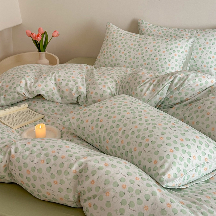 91家纺网 家纺一手货源 找家纺 塞纳 2026新款.全棉有氧双层纱四件套-场景二-大橘大利-绿