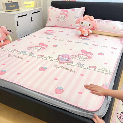 暮思家居 2025新款三丽鸥正版授权数码印花A类可机洗1200D冰丝凉席三件套床笠款系列 床笠款-洋娃娃美乐蒂