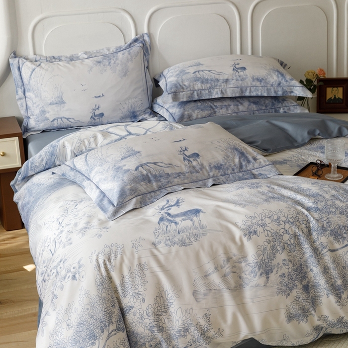 91家纺网 家纺一手货源 找家纺 金奇达2025新款【休闲午后】-轻氧水光莱赛尔四件套（标准号全网控价（折后券后）不低于258） 路易莎-蓝