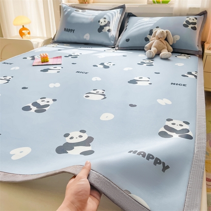 2025新款A类碳光冰丝印花凉席学生床席空调被夏被四件套配送买家秀 小趣熊猫