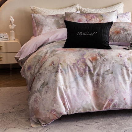 佳汐蓝家纺 2025新款春夏100贡缎长绒棉数码印花四件套 闲云归处-粉