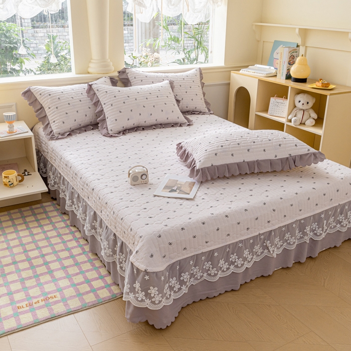 91家纺网 家纺一手货源 找家纺 珍爱家纺 2025新款A类针织棉双层纱夹棉床盖床裙花边单件三件四件套米亚