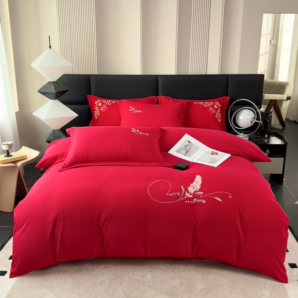 曲之慕 2025新品四季款高端刺绣四件套简约可水洗轻奢纯色刺绣四件套 大麦大红