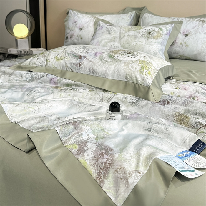 91家纺网 家纺一手货源 找家纺 笙意家纺 2025新款水洗冰丝数码印花拼角宽边夏被 春日恋