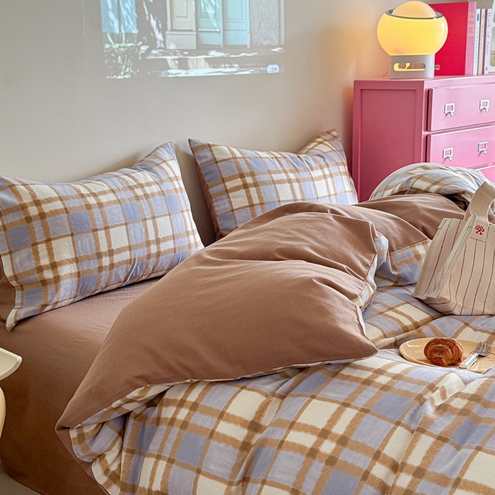 91家纺网 家纺一手货源 找家纺 2025新款全棉有氧双层纱四件套-简约系列 格调-蓝