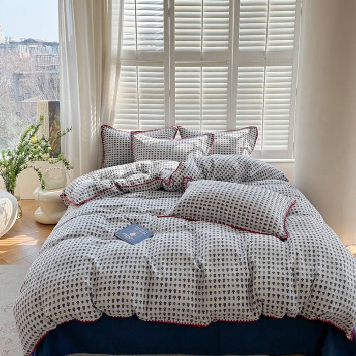 91家纺网 家纺一手货源 找家纺 金丝鸟家纺 2025新款全棉双层纱贝壳边四件套花卉系列 吉祥