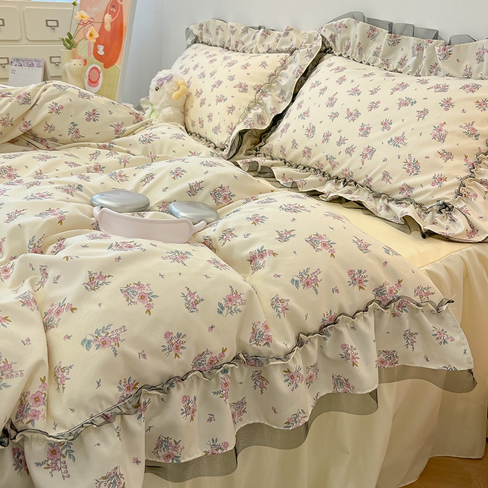 91家纺网 家纺一手货源 找家纺 眠帛家居 2025新款A类皱皱纱蕾丝花边四件套 芬芳