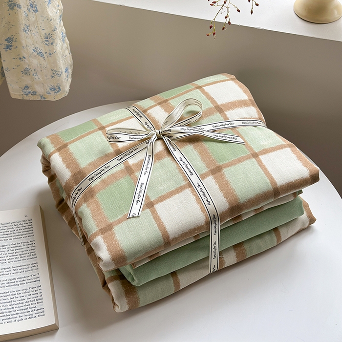 91家纺网 家纺一手货源 找家纺 2025新款全棉有氧双层纱四件套-简约系列 格调-绿