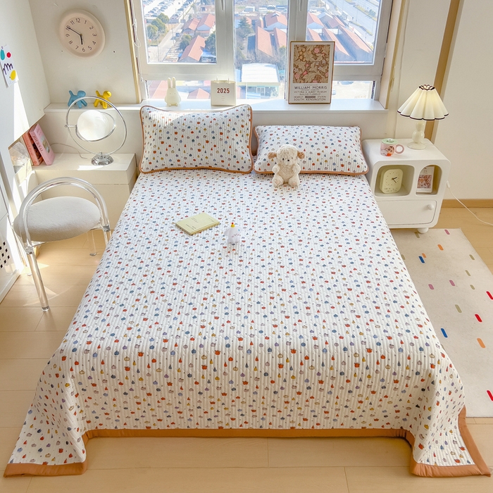 91家纺网 家纺一手货源 找家纺 慕木家纺 2025新款A类高克重四季款针织棉双层纱多功能床盖可铺可盖 缤纷南瓜