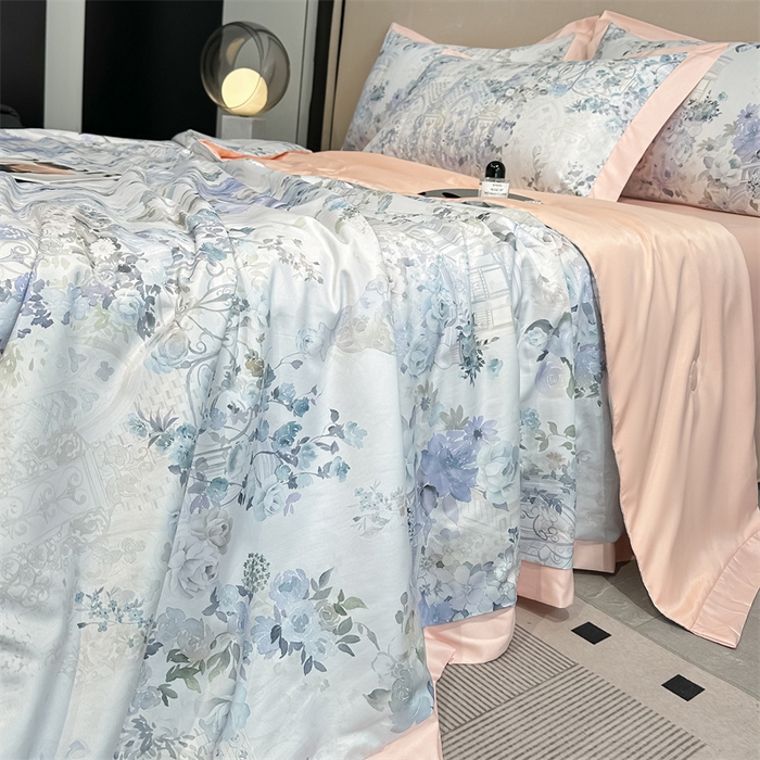 91家纺网 家纺一手货源 找家纺 笙意家纺 2025新款水洗冰丝数码印花拼角宽边夏被 素瑾