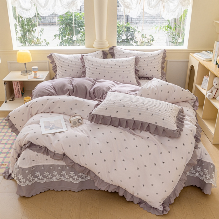 91家纺网 家纺一手货源 找家纺 珍爱家纺 2025新款A类针织棉双层纱夹棉床盖床裙花边单件三件四件套米亚