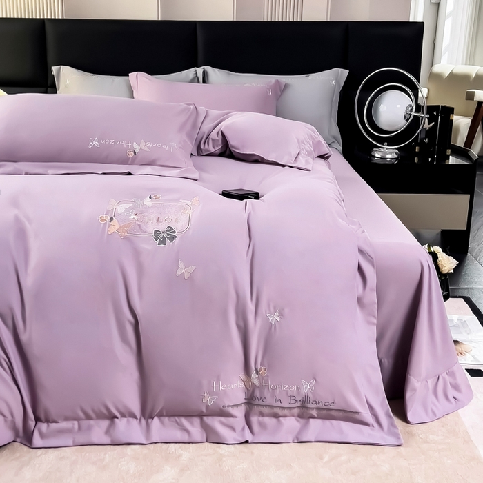 91家纺网 家纺一手货源 找家纺 曲之慕 2025新品四季款高端刺绣四件套简约可水洗轻奢纯色刺绣四件套 梦飞令优雅紫