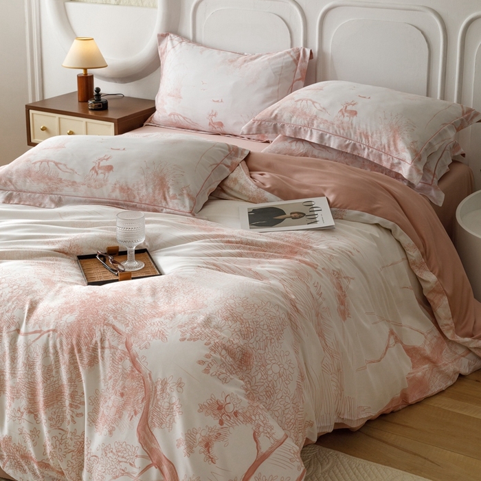 91家纺网 家纺一手货源 找家纺 金奇达2025新款【休闲午后】-轻氧水光莱赛尔四件套（标准号全网控价（折后券后）不低于258） 路易莎-粉